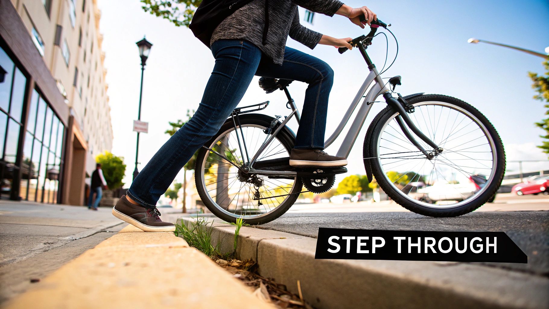 Inimene sõidab halli astmelise jalgrattaga, liikudes tänavalt kõnniteele ja siis äärekivile.