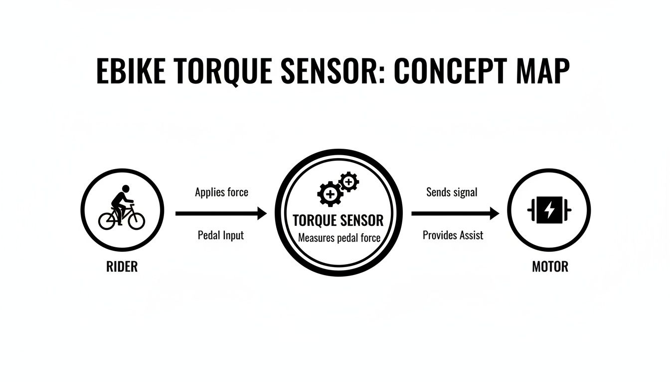 Konceptuální mapa znázorňující, jak funguje systém točivého momentového senzoru na elektrokole, od vstupu jezdce po asistenci motoru.