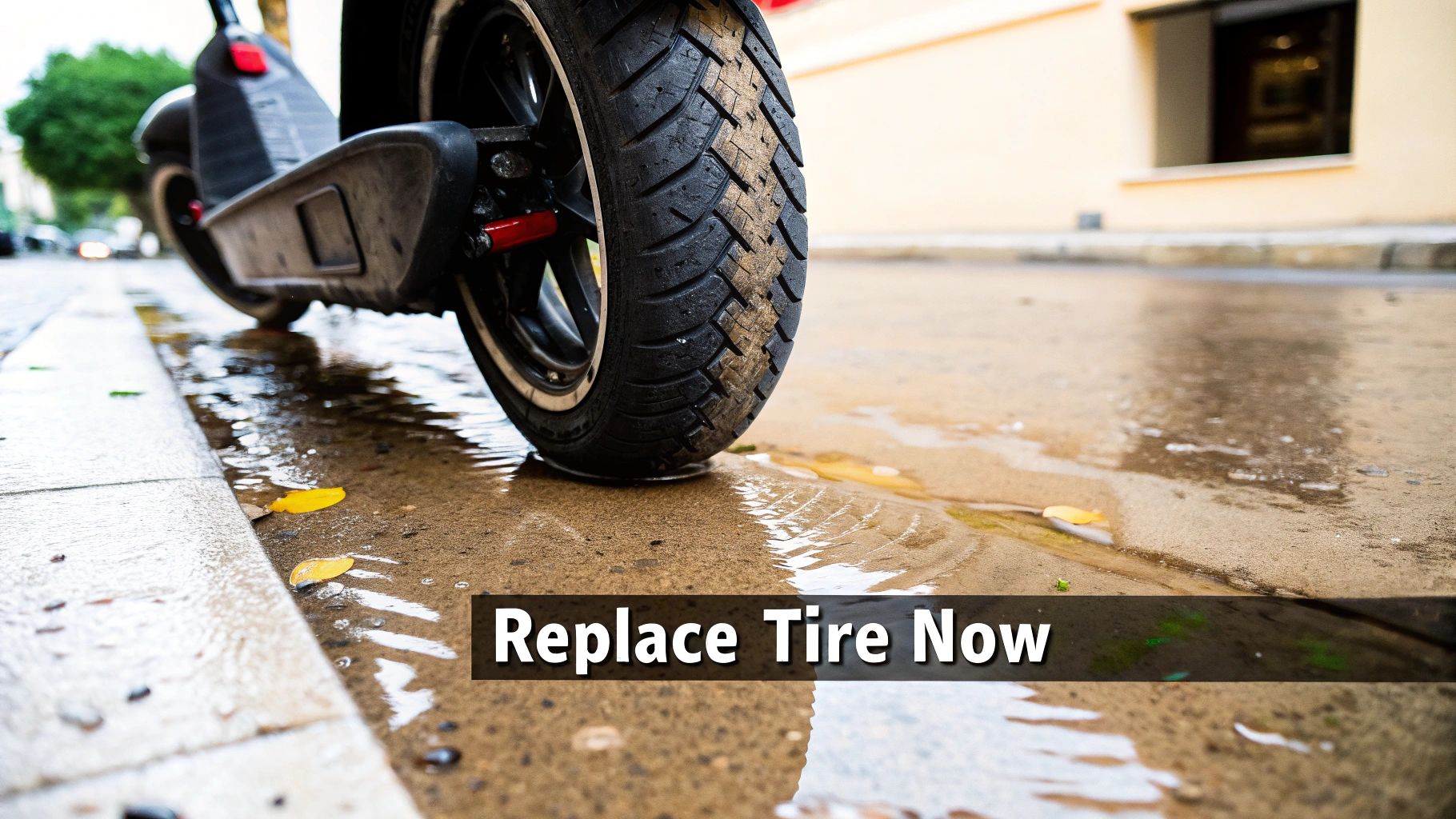 A scooter tire on a wet street with puddles and leaves, displaying 'Replace Tire Now'.