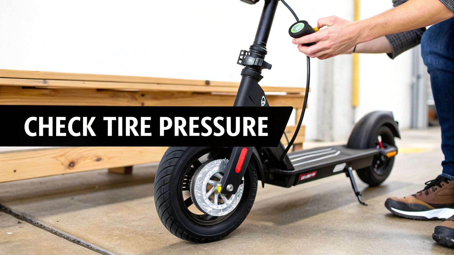 Inimene kontrollib musta elektrilise tõukeratta rehvirõhku digitaalse rõhuanduriga, millel on tekst 