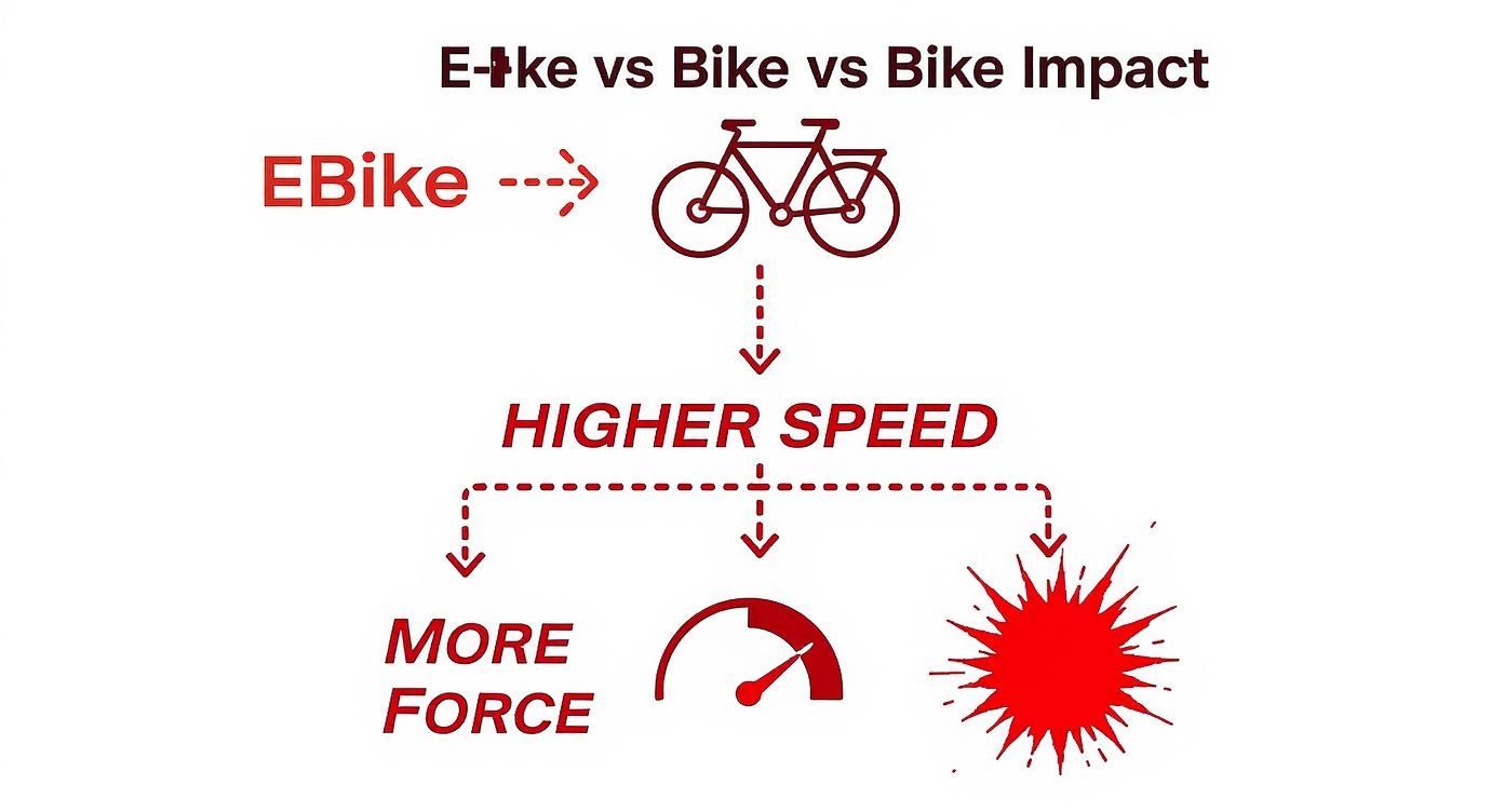 Diagram illustrating E-Bike leads to higher speed, resulting in more force and impact.