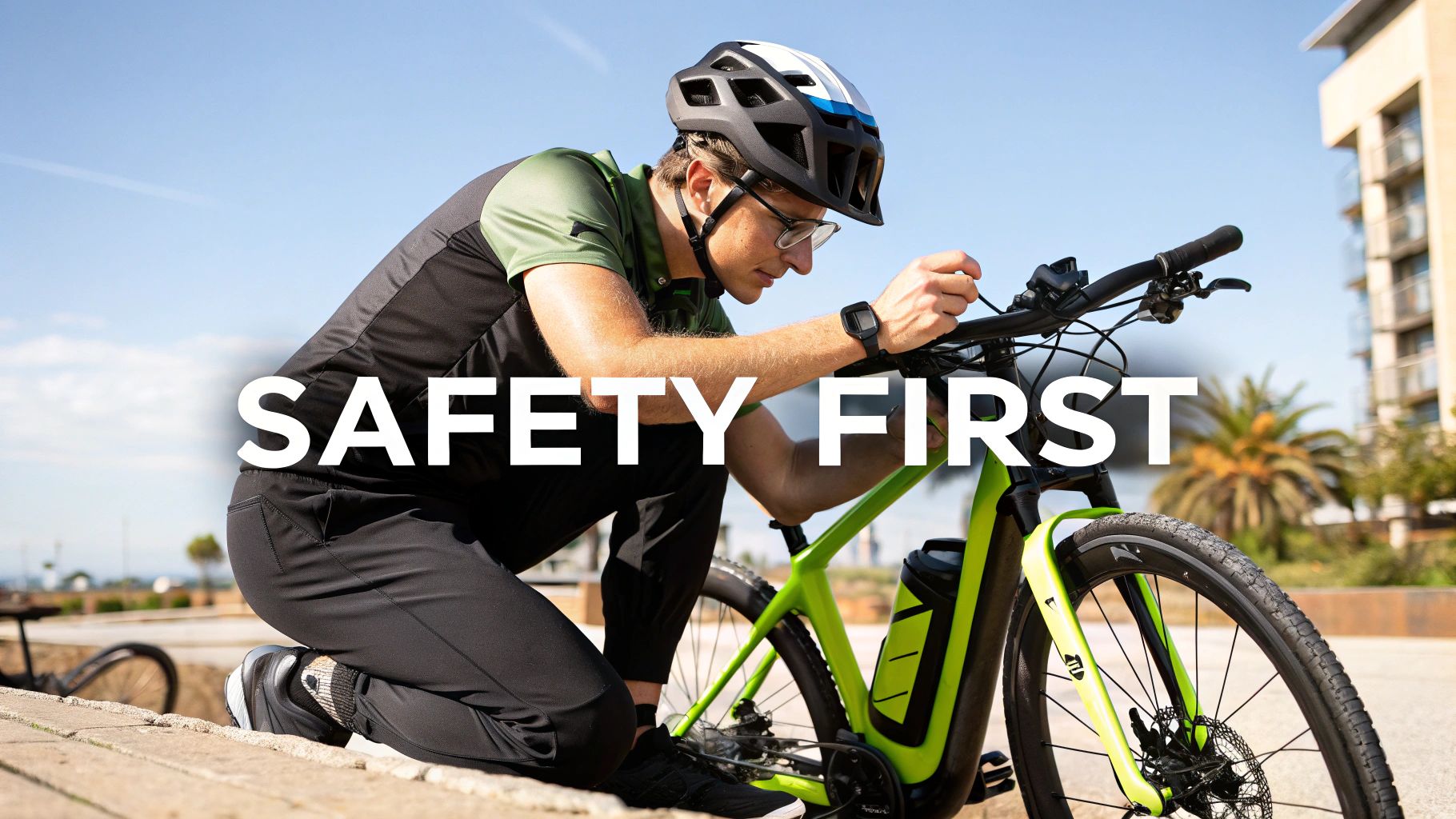 A person wearing a helmet while riding an electric bike on a sunny day.