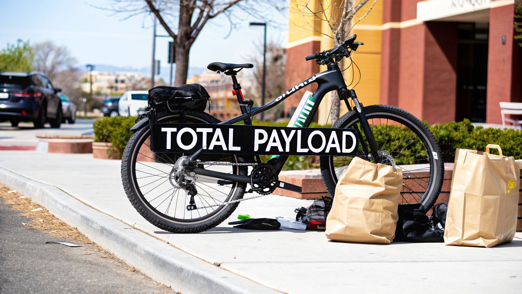 A person loading groceries onto the back of an electric bike, illustrating cargo weight.