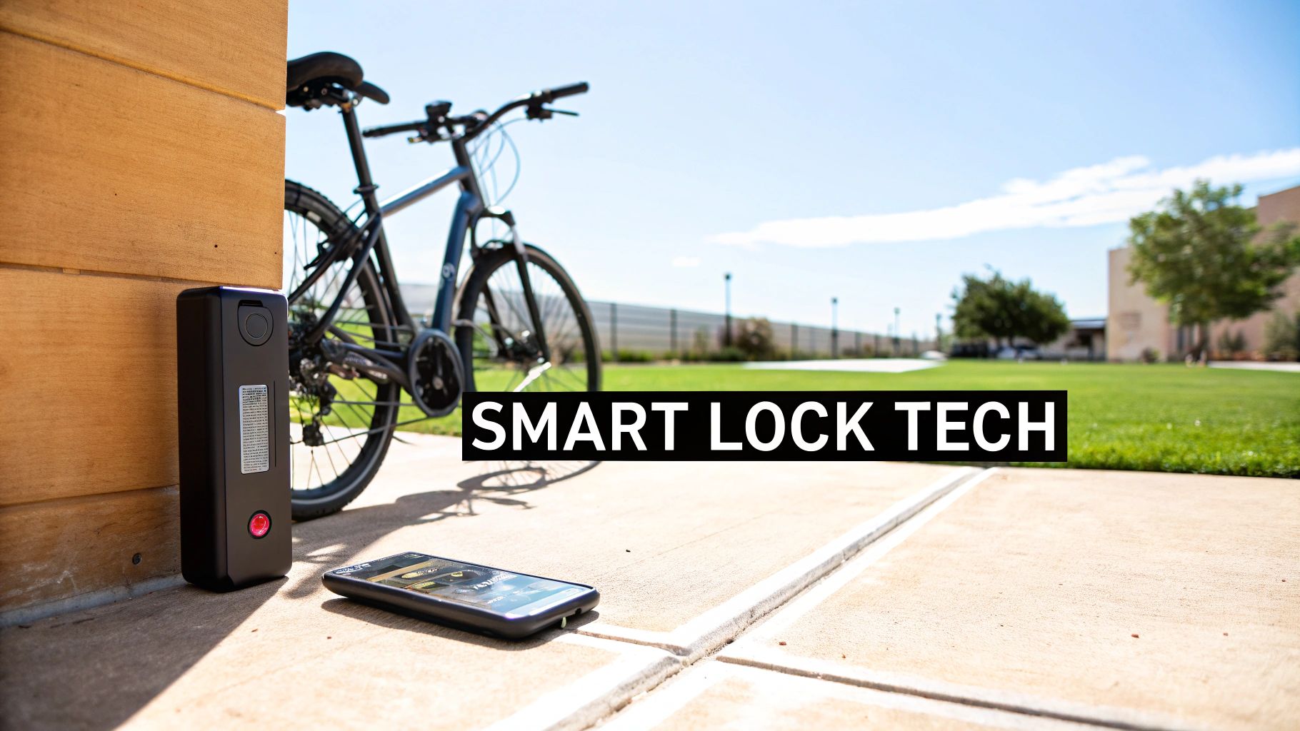 A smart lock with a digital interface attached to an electric bike's wheel.