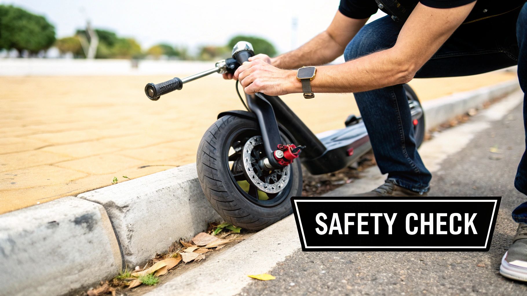 A person performing a safety check on an electric scooter by a curb on a sunny day.
