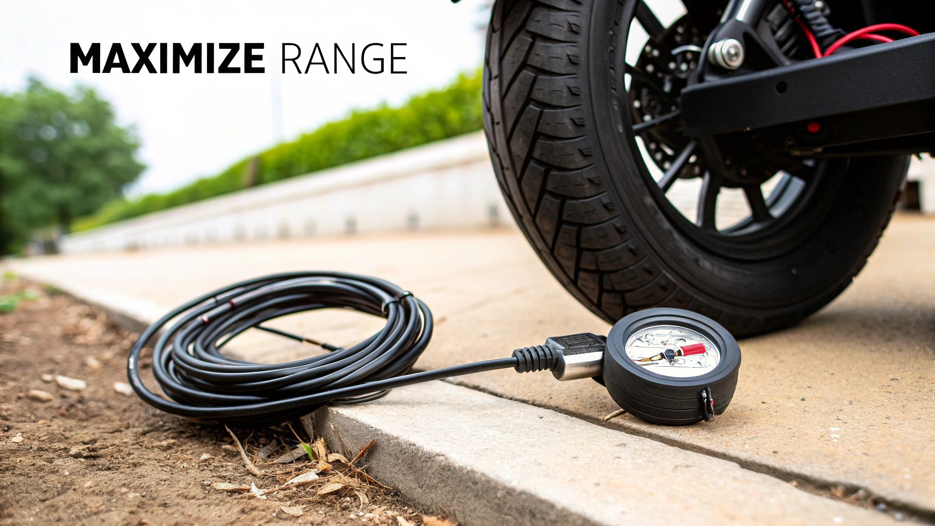 A tire pressure gauge and coiled hose on the ground next to an electric scooter wheel, emphasizing maximizing range.