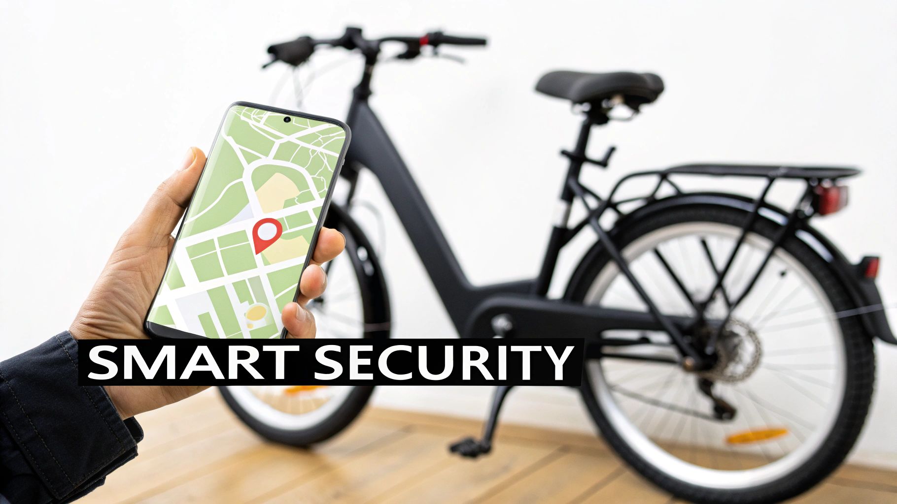 A hand holds a smartphone displaying a map with a location pin for bicycle GPS tracking.