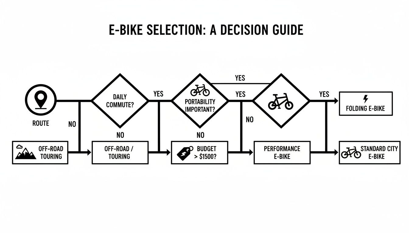 A flowchart titled 'E-Bike Selection: A Decision Guide' for choosing an e-bike type.