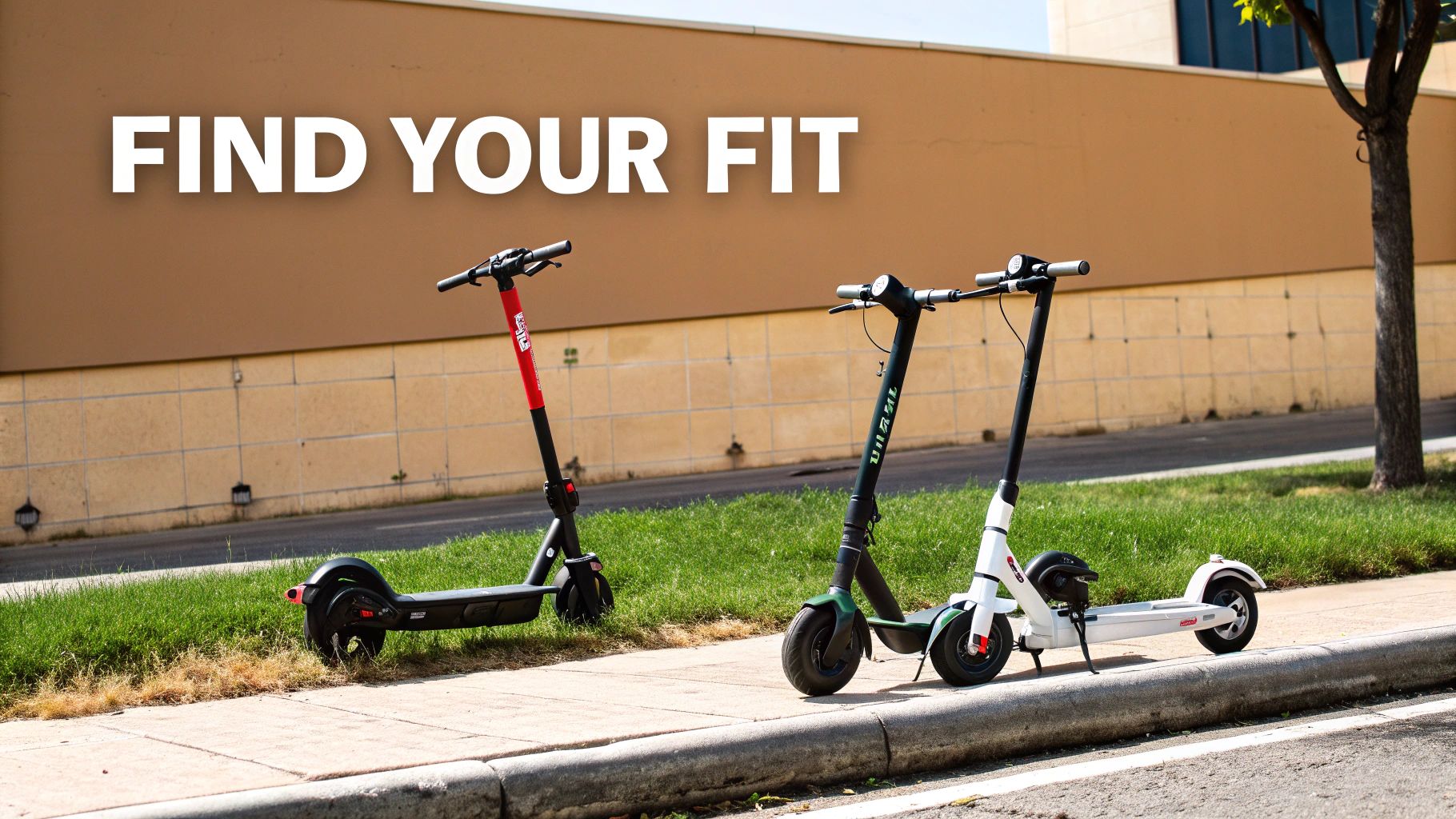 Three different electric scooters parked on a sunny sidewalk, promoting finding the right fit.