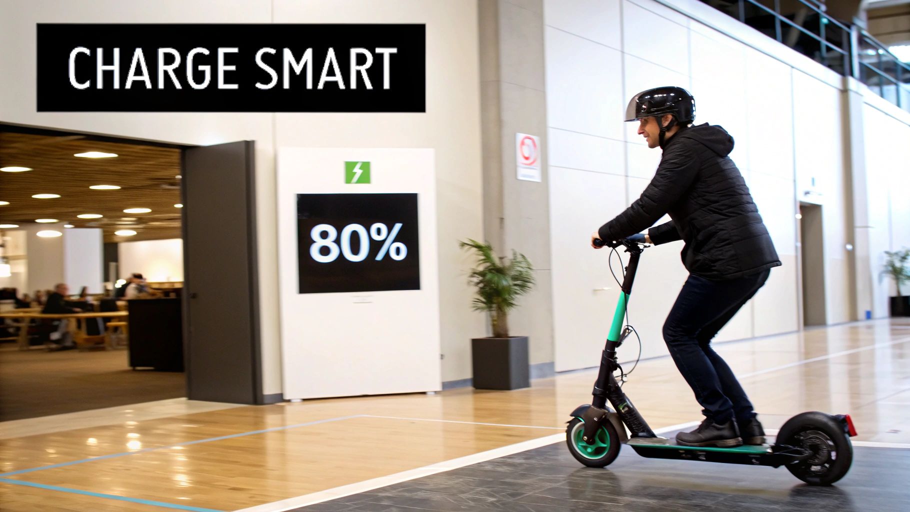 A person wearing a helmet rides a green electric scooter past a 'CHARGE SMART 80%' display.