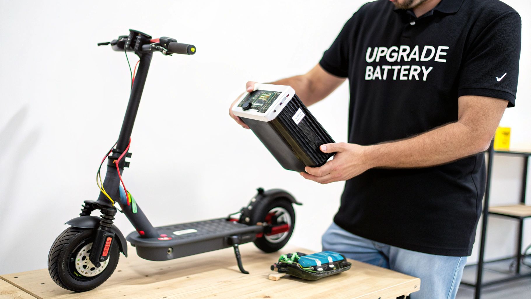 Mees, kes kannab "Upgrade Battery" särki, hoiab uut tõukeratta akupakki elektrilise tõukeratta kõrval.