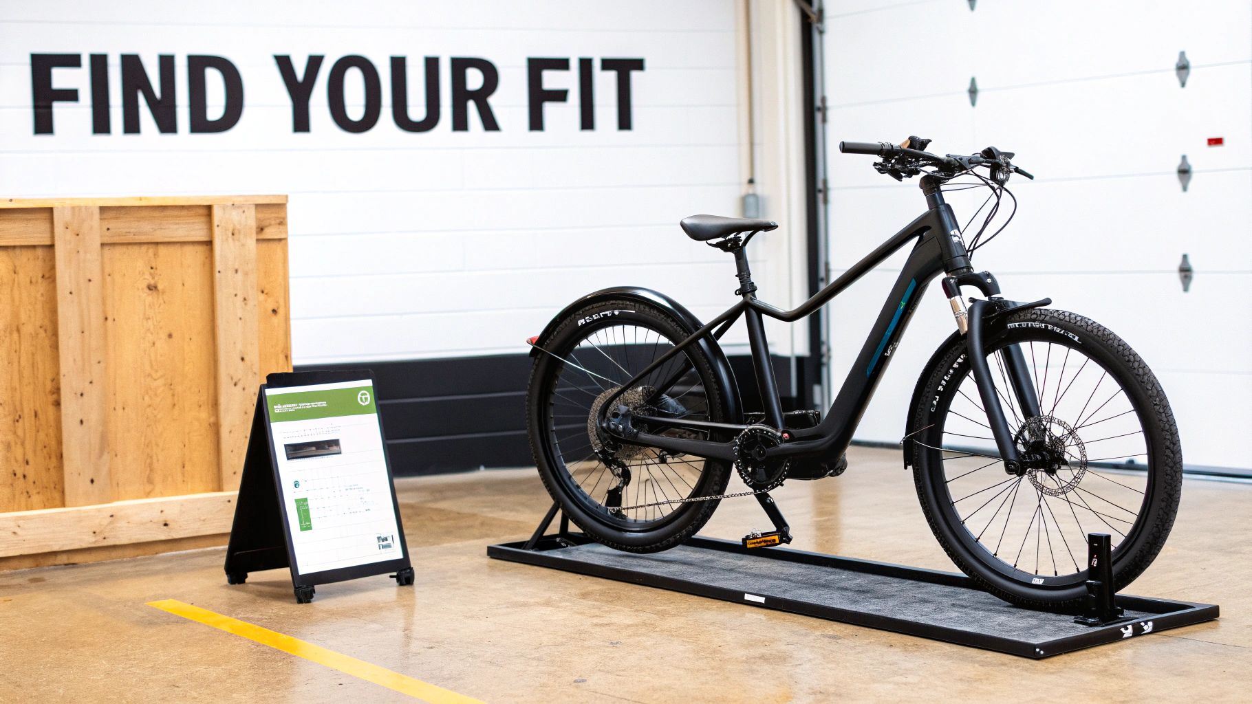 A black electric bike on a display stand inside a store with 'FIND YOUR FIT' signage.