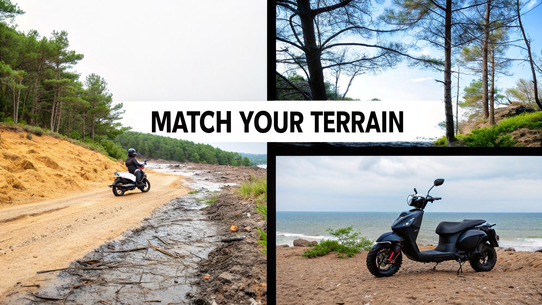Two off-road scooters on diverse terrains: a person riding on a dirt path and a scooter by the beach.