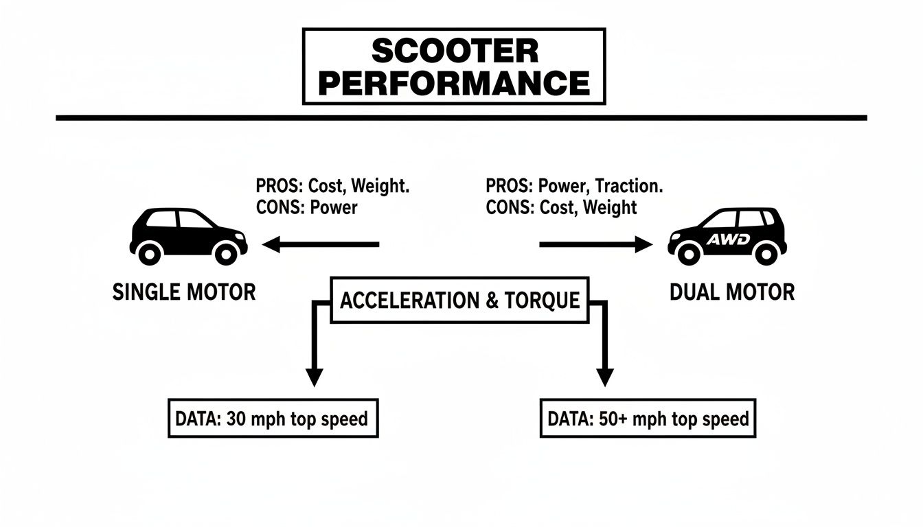 Diagram porównujący osiągi skutera z jednym i dwoma silnikami, podkreślający zalety i wady, przyspieszenie, moment obrotowy i prędkości maksymalne.