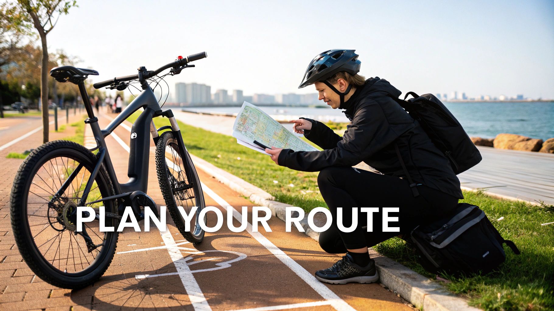 Cyclist in helmet studying map while planning route next to electric bike on waterfront path