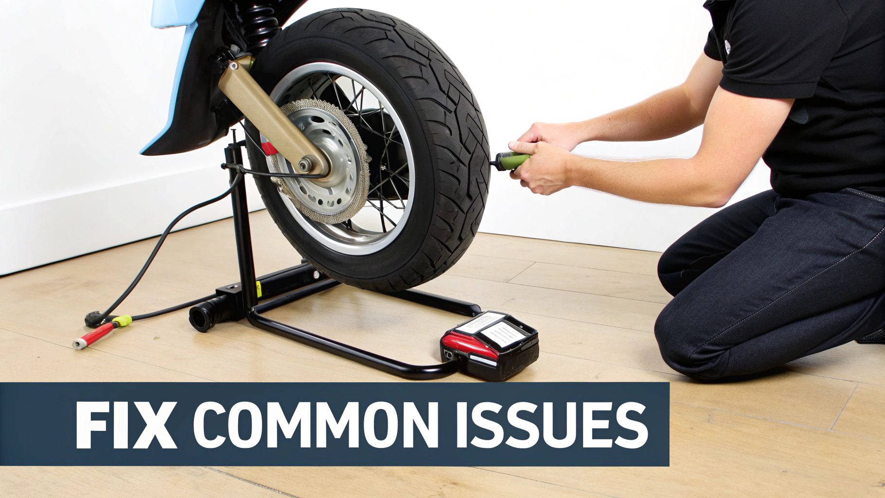 A person kneels, fixing a scooter tire on a stand, possibly inflating it, with 'FIX COMMON ISSUES' text.