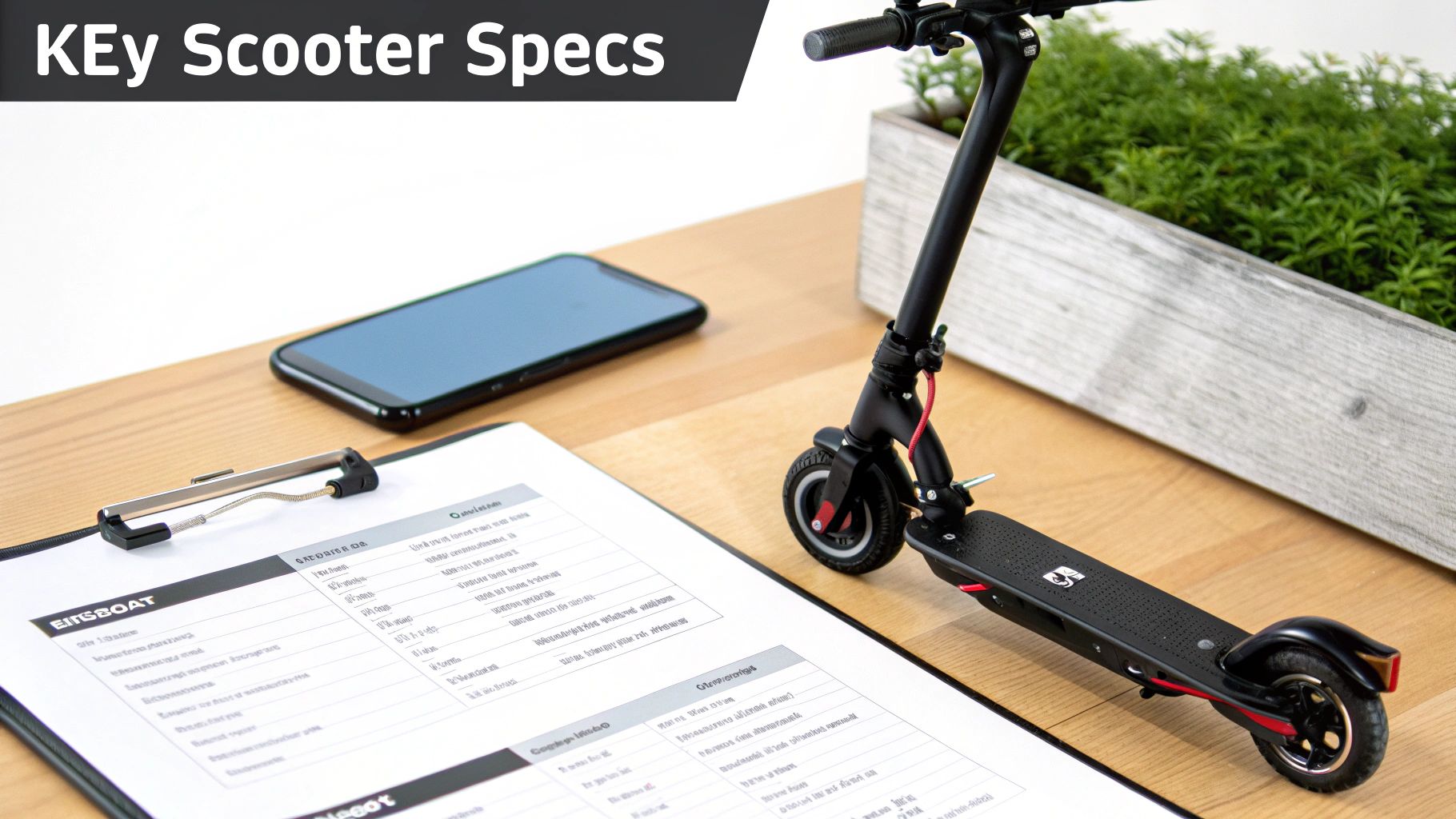 Must elektriline tõukeratas ja 'KEY Scooter Specs' dokument puidust laual koos nutitelefoniga.