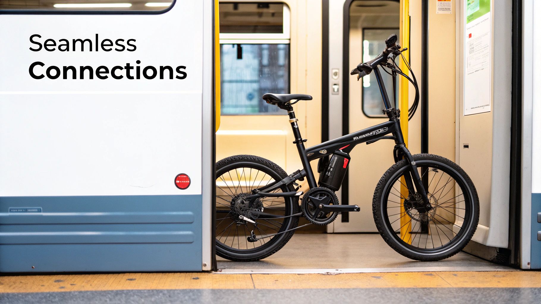 A black folding electric bicycle stands in a train doorway, symbolizing seamless multi-modal transportation.