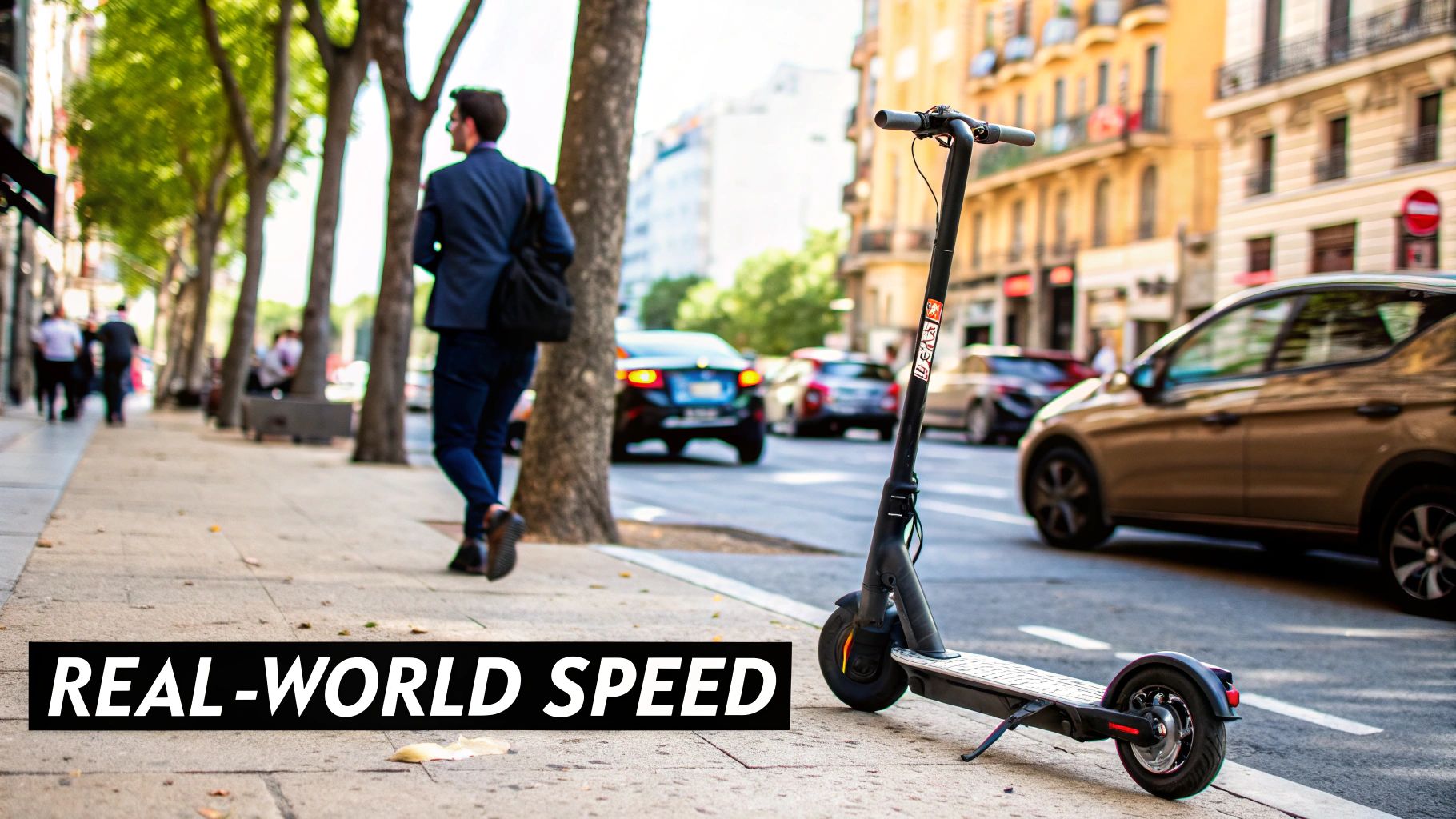 An electric scooter parked on a city sidewalk, with a person walking and cars on a busy street.