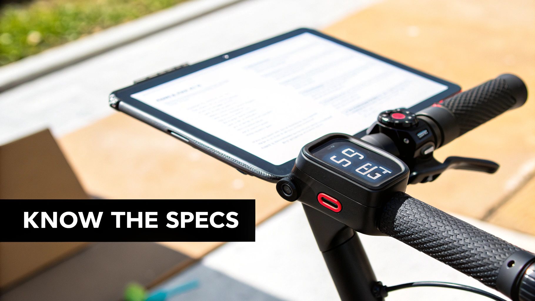 Zbliżenie: hulajnoga elektrycznakierownica z cyfrowym wyświetlaczem i tabletem pokazującym specyfikację produktu.