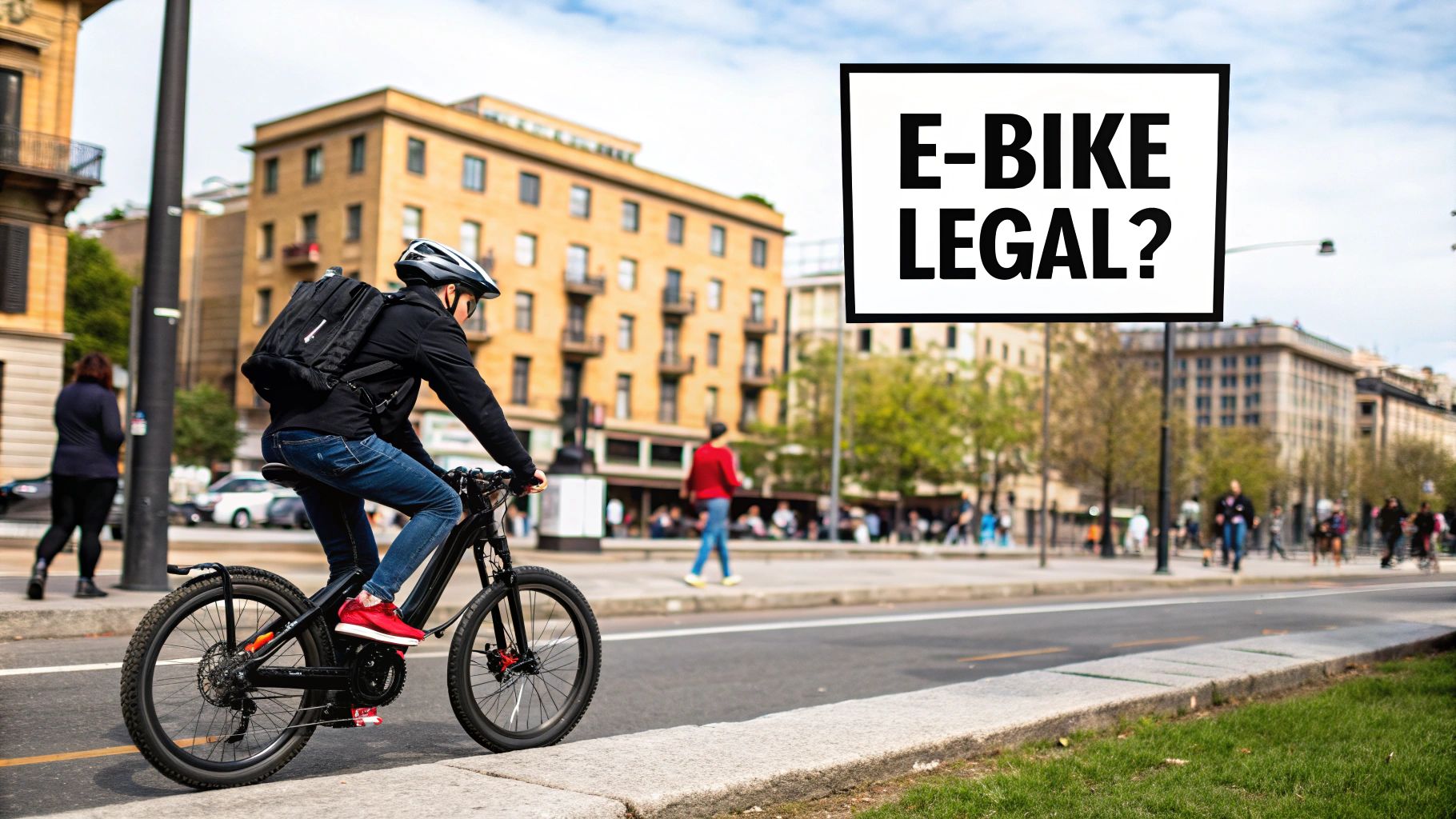 A person riding an electric bike down a city street, showcasing a street-legal model.