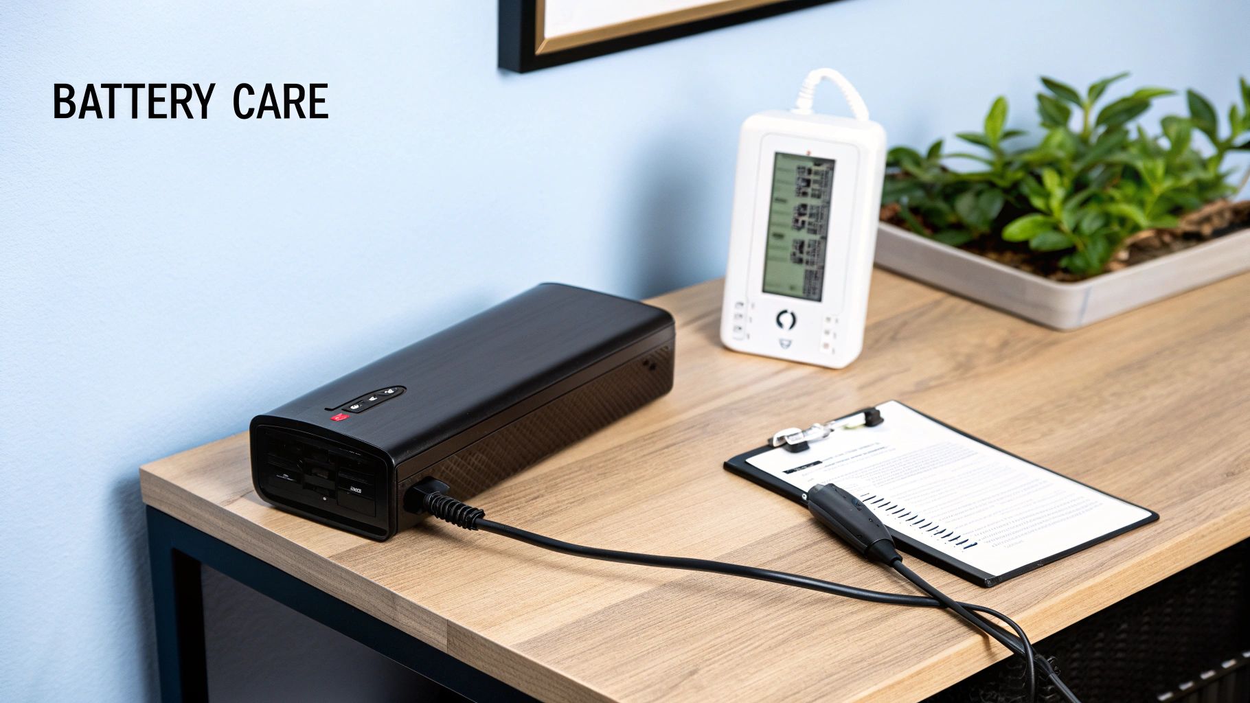 A black battery charger, a digital device, and a plant on a wooden desk for battery care.