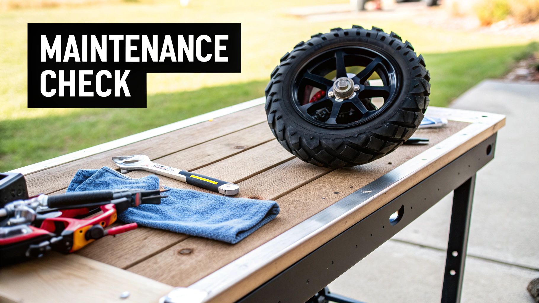 A workbench outdoors with a tire, various tools, a blue cloth, and a 'MAINTENANCE CHECK' sign.