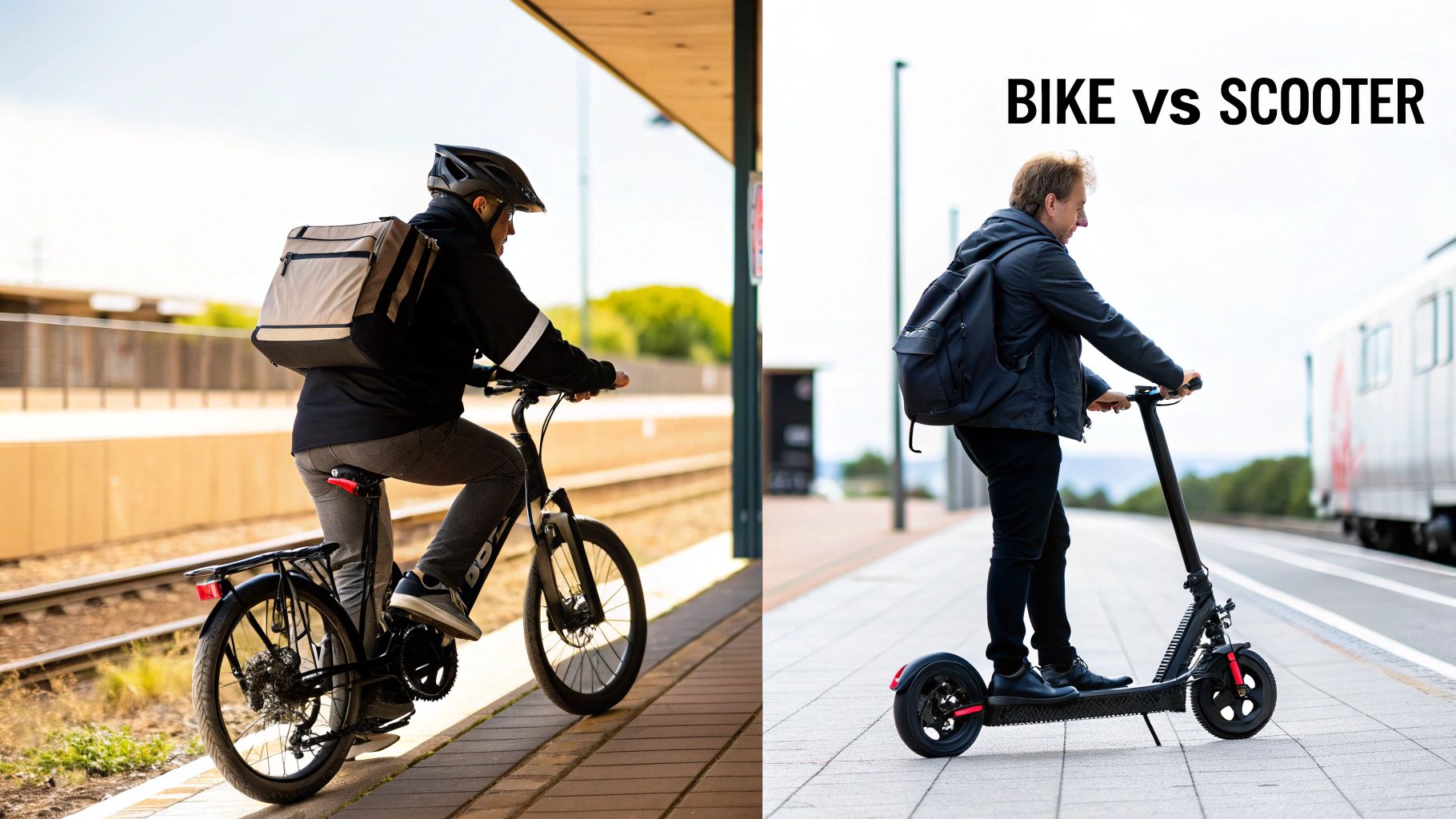 Kaks meest elektrijalgrattaga ja elektrilise tõukerattaga rongijaama platvormil, võrreldes linnatransporti.