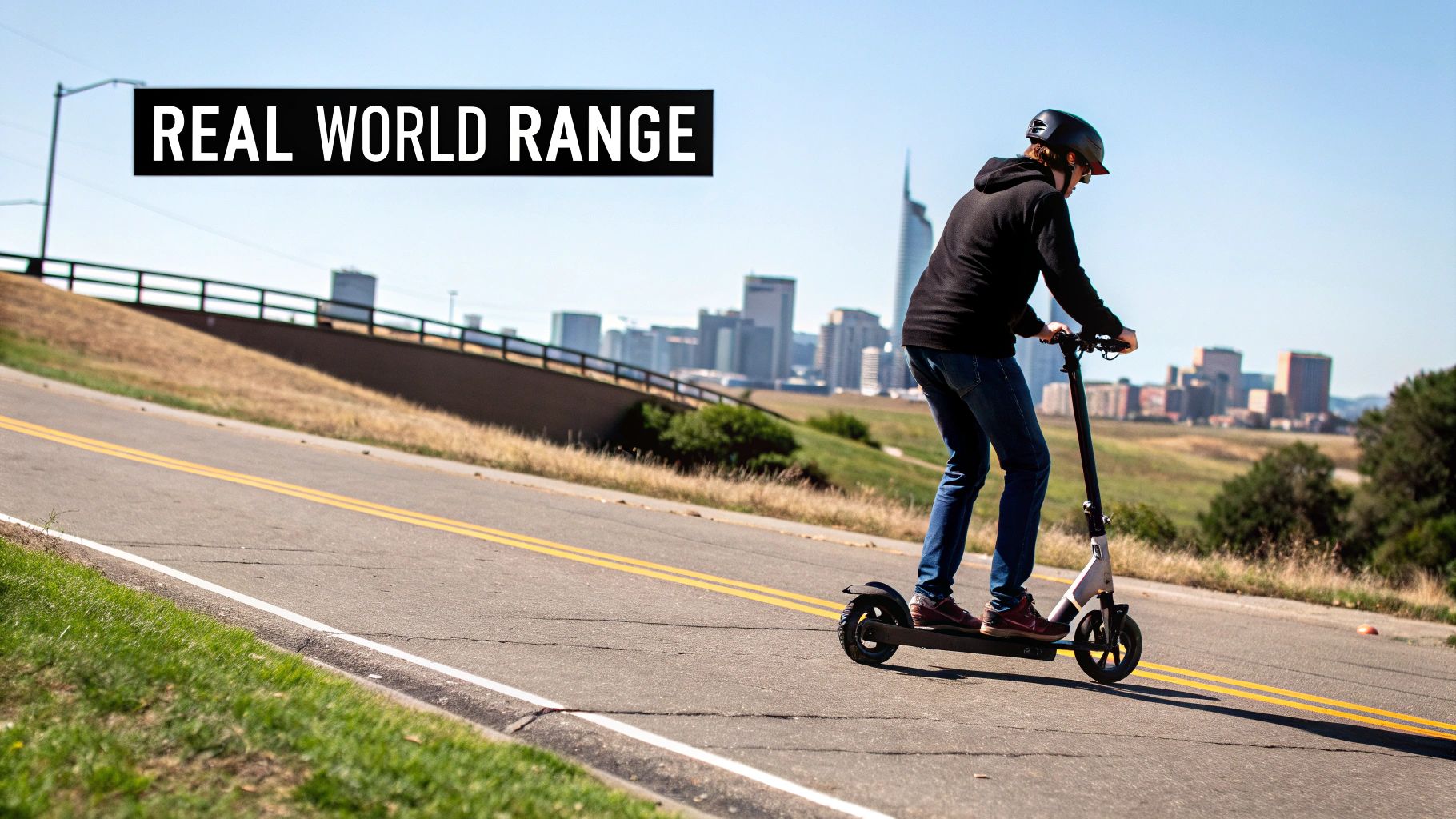 A person riding an electric scooter through a green park setting