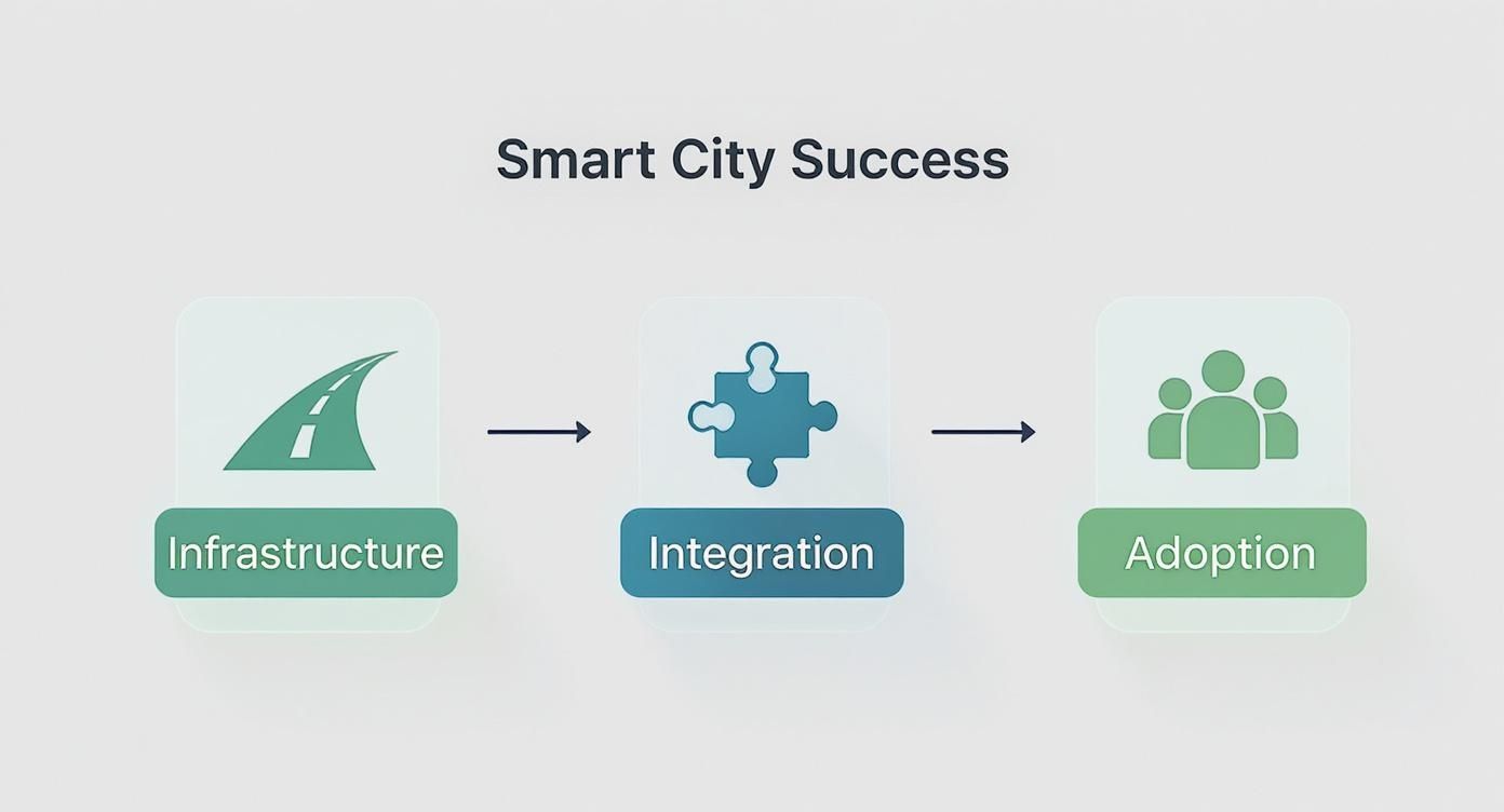 Smart city success framework showing three stages: infrastructure development, system integration, and citizen adoption