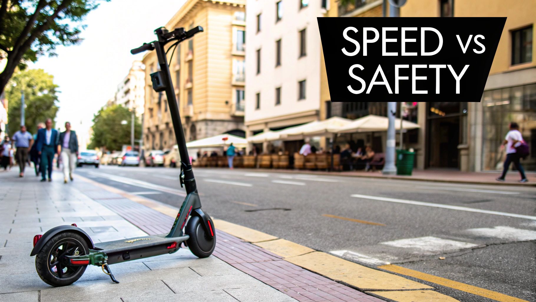 A person riding an electric scooter down a city street, with motion blur indicating speed.