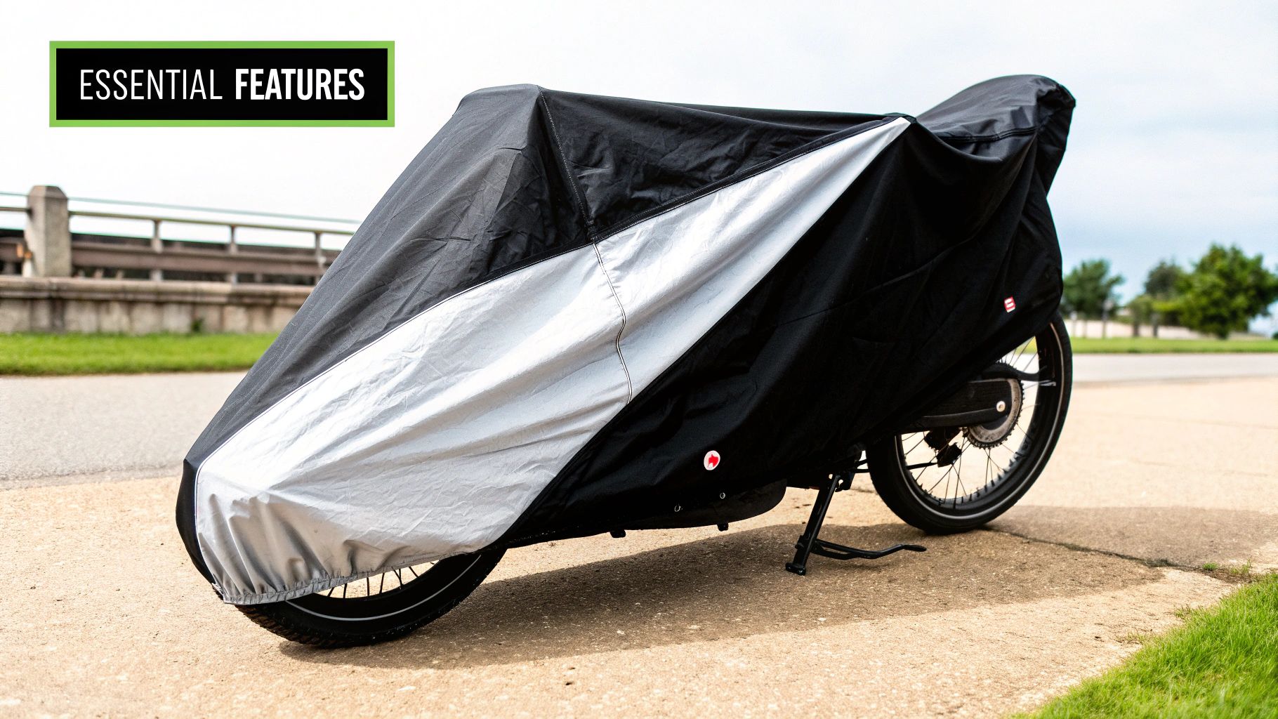 Černý a stříbrný potah na elektrické kolo zaparkovaný venku, ukazující jeho základní vlastnosti.