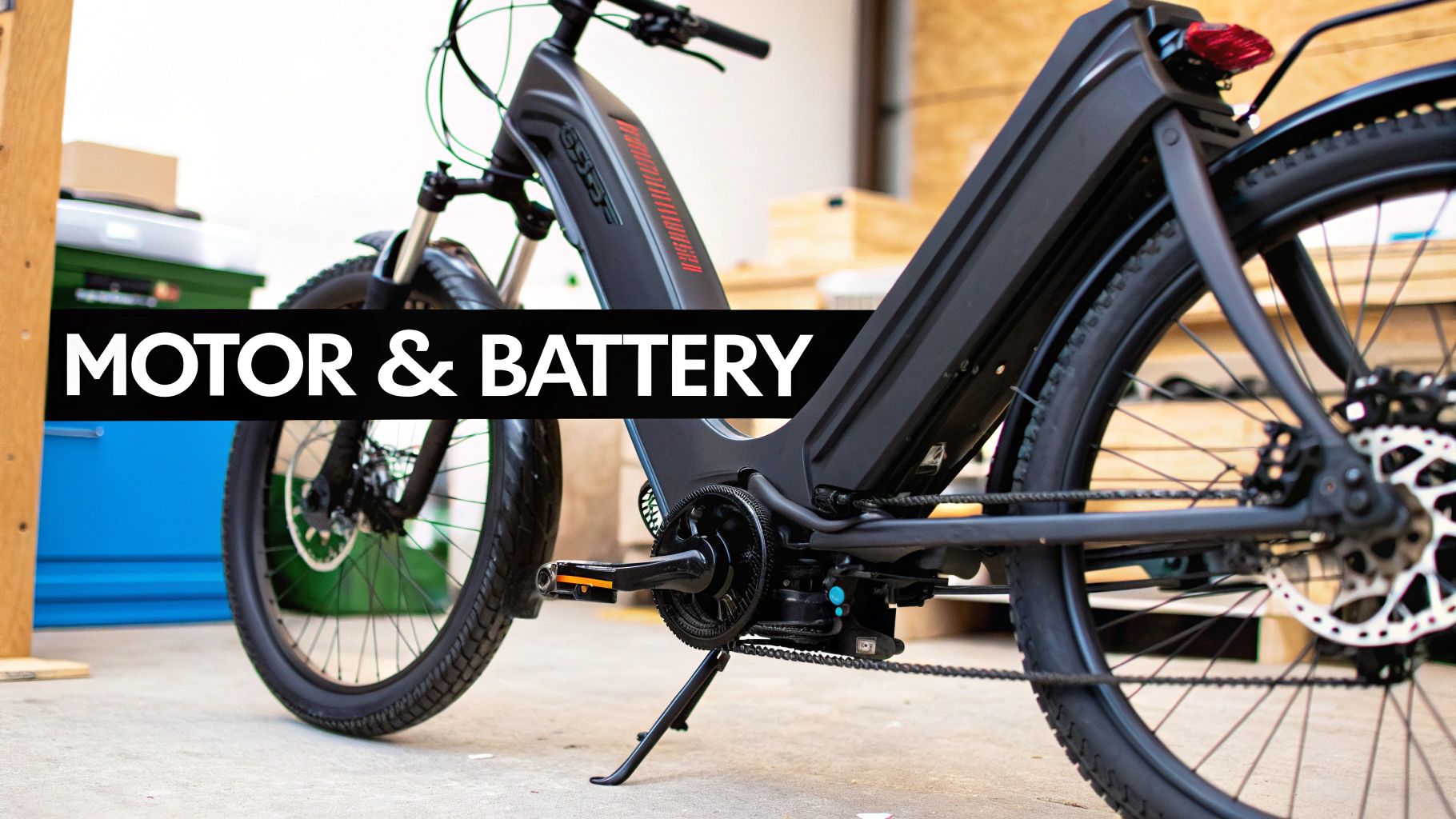 Mustast elektrilisest astmelisest rattast lähivõte, rõhutades selle integreeritud mootorit ja akut.