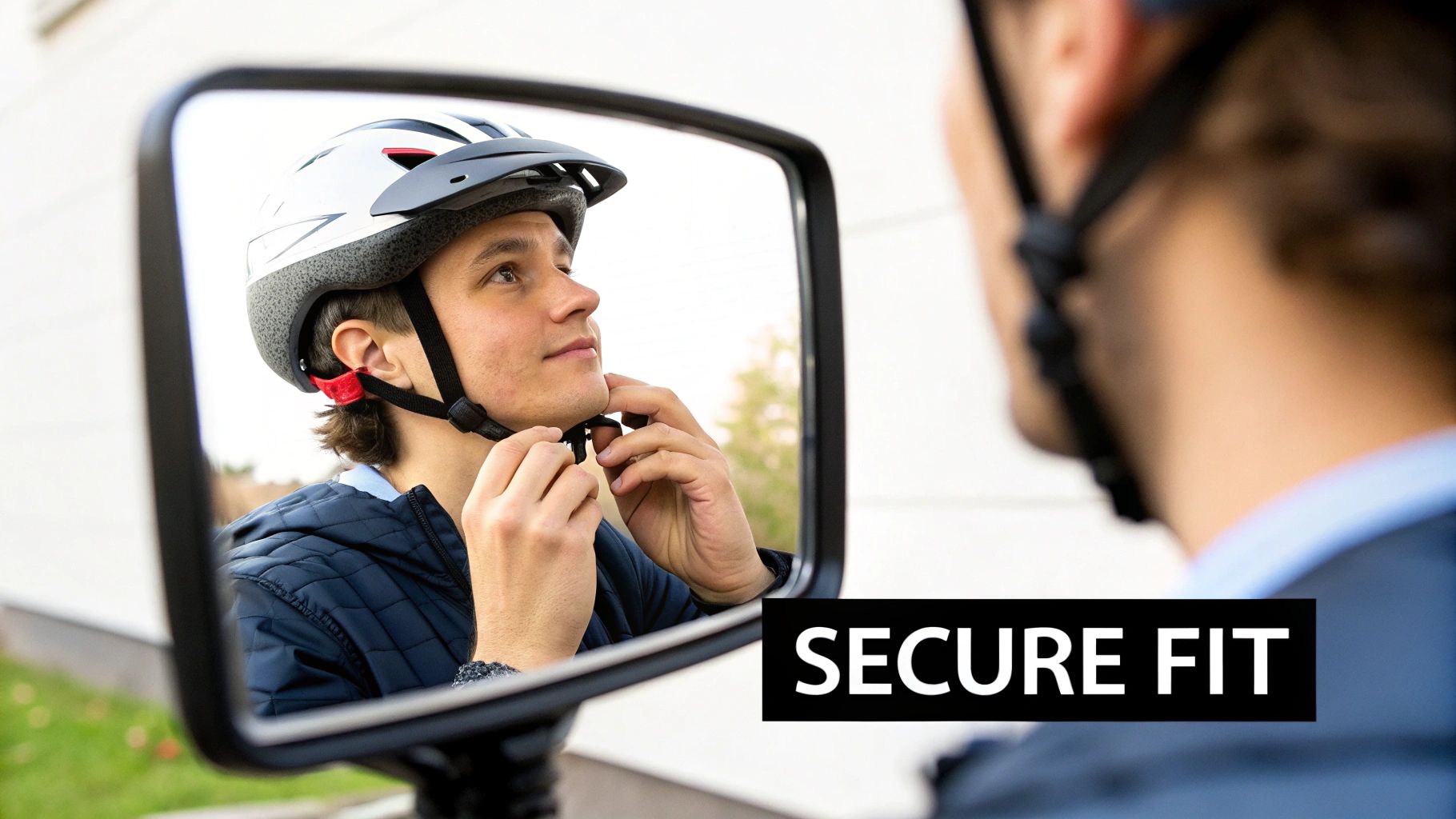 Woman adjusting her electric scooter helmet