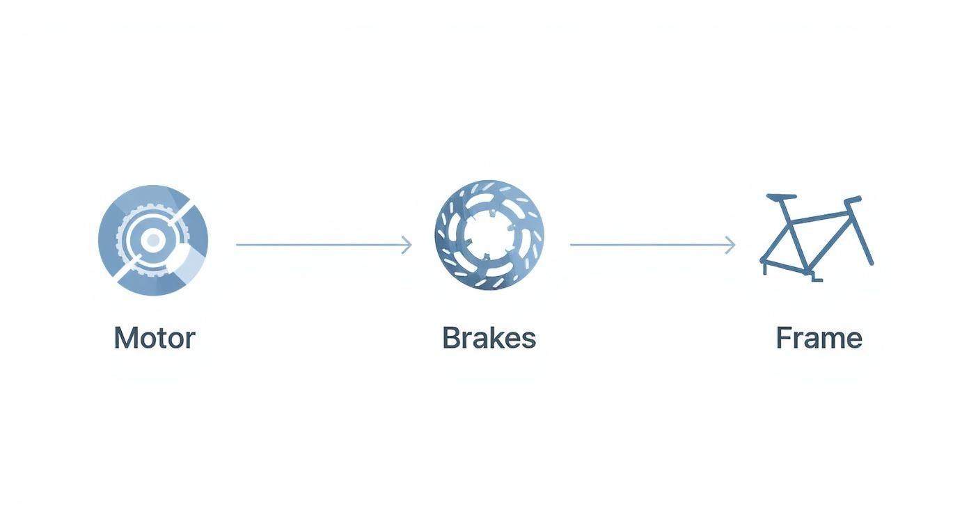 Diagram showing electric bike components progression from motor to brakes to frame assembly
