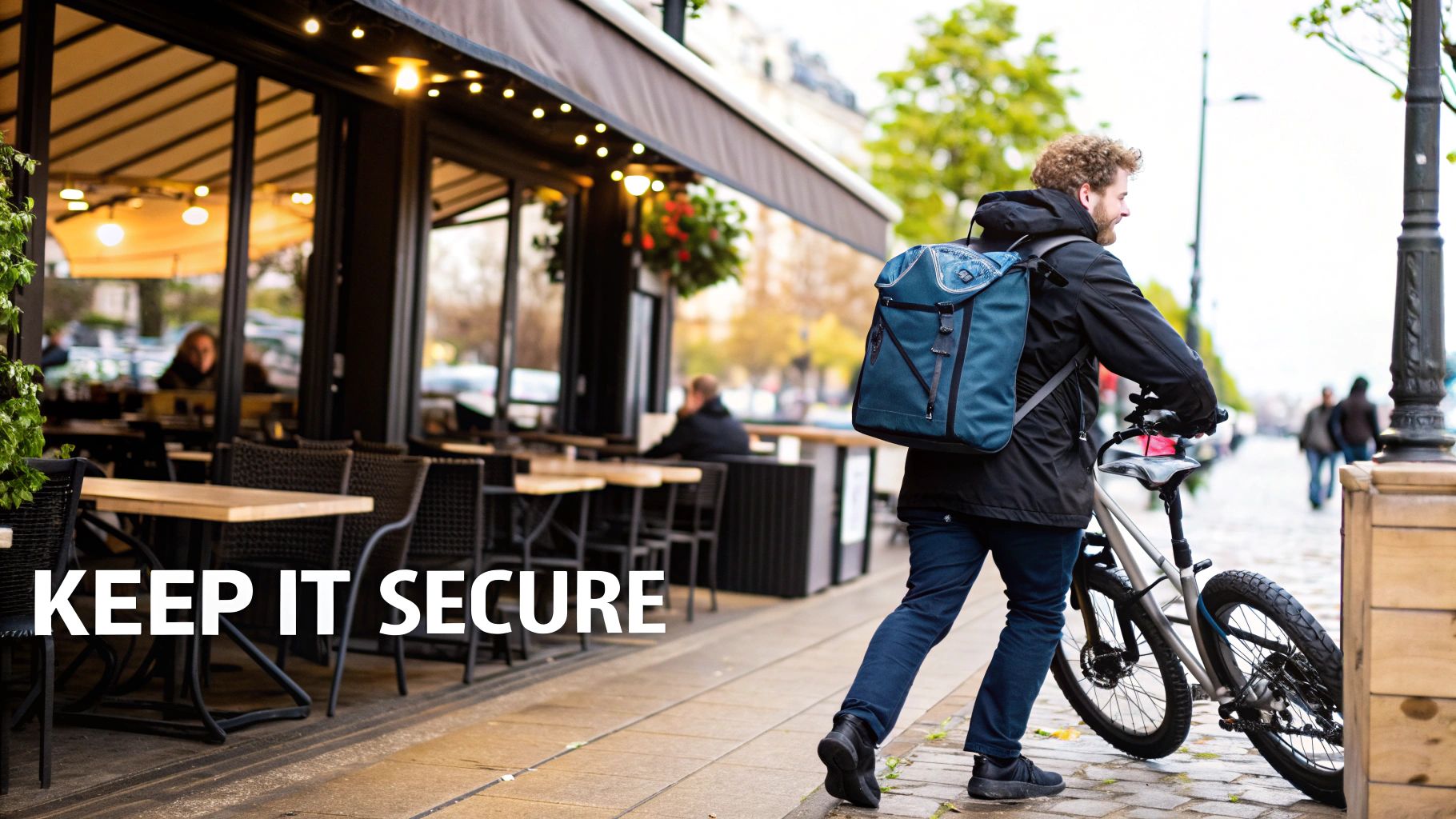 Mężczyzna z niebieskim plecakiem idzie miejskim chodnikiem, pchając rower obok kawiarni na świeżym powietrzu.