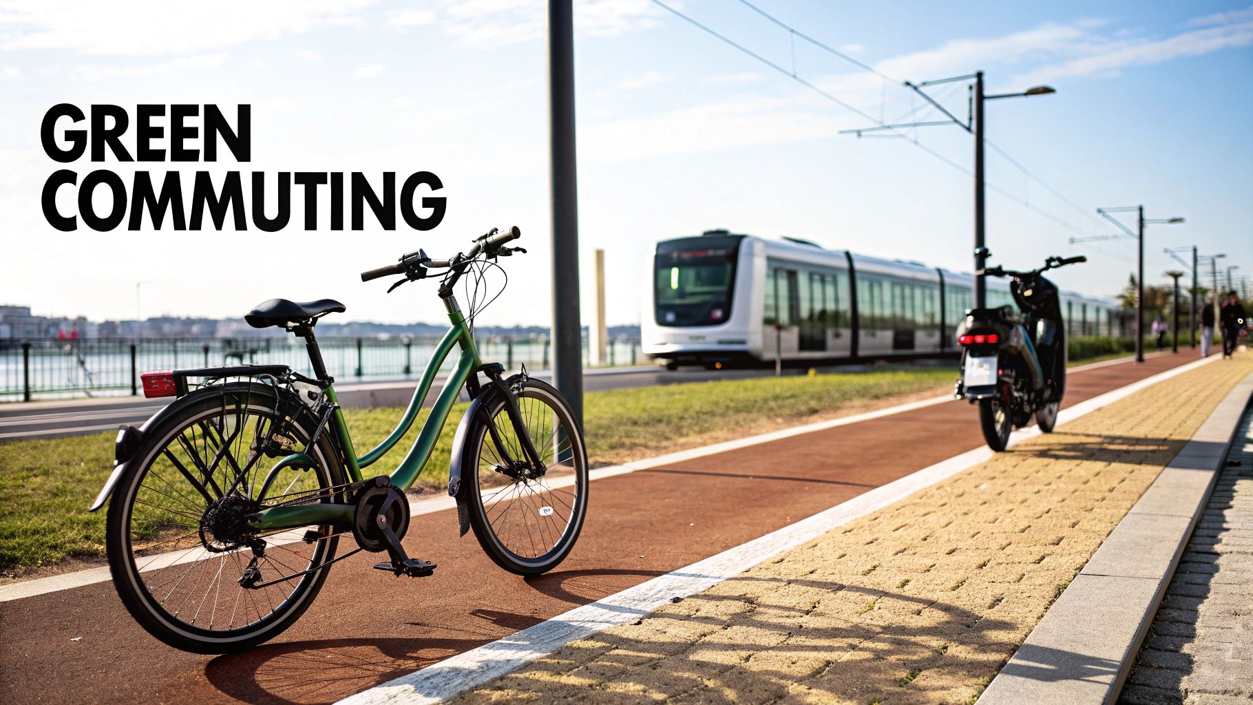 Green bicycle parked near modern tram and electric scooter on sustainable transport pathway