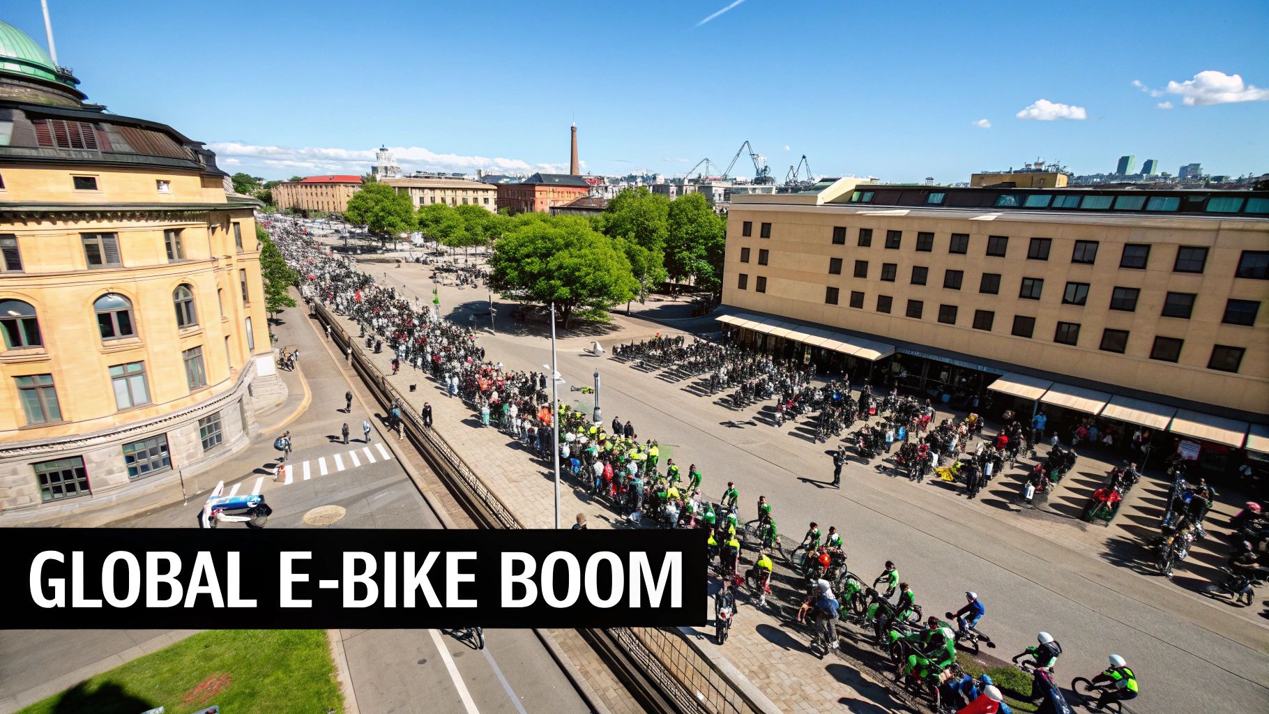 A bustling city street in China with numerous delivery couriers on electric bicycles.