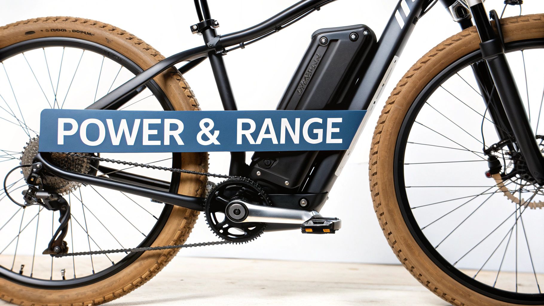 Czarny rower elektryczny z brązowymi oponami, z niebieskim banerem z napisem „MOC I ZASIĘG” na ramie.