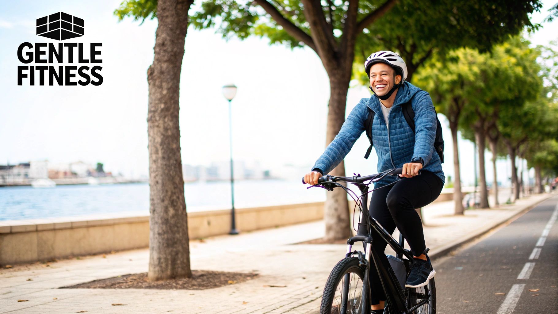 A smiling man in a helmet and blue jacket rides an electric bike on a scenic path.