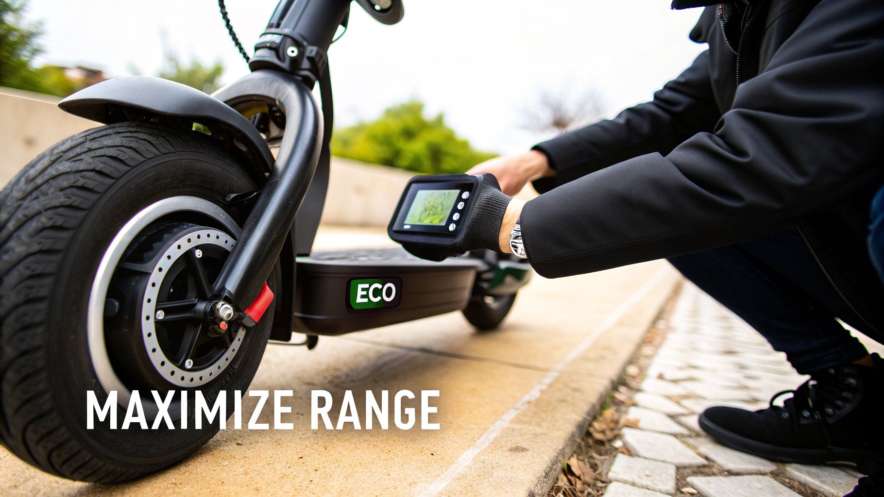 Inimene reguleerib musta elektrilise tõukeratta ekraani, millel on 'ECO' logo, et maksimeerida selle sõiduulatust.