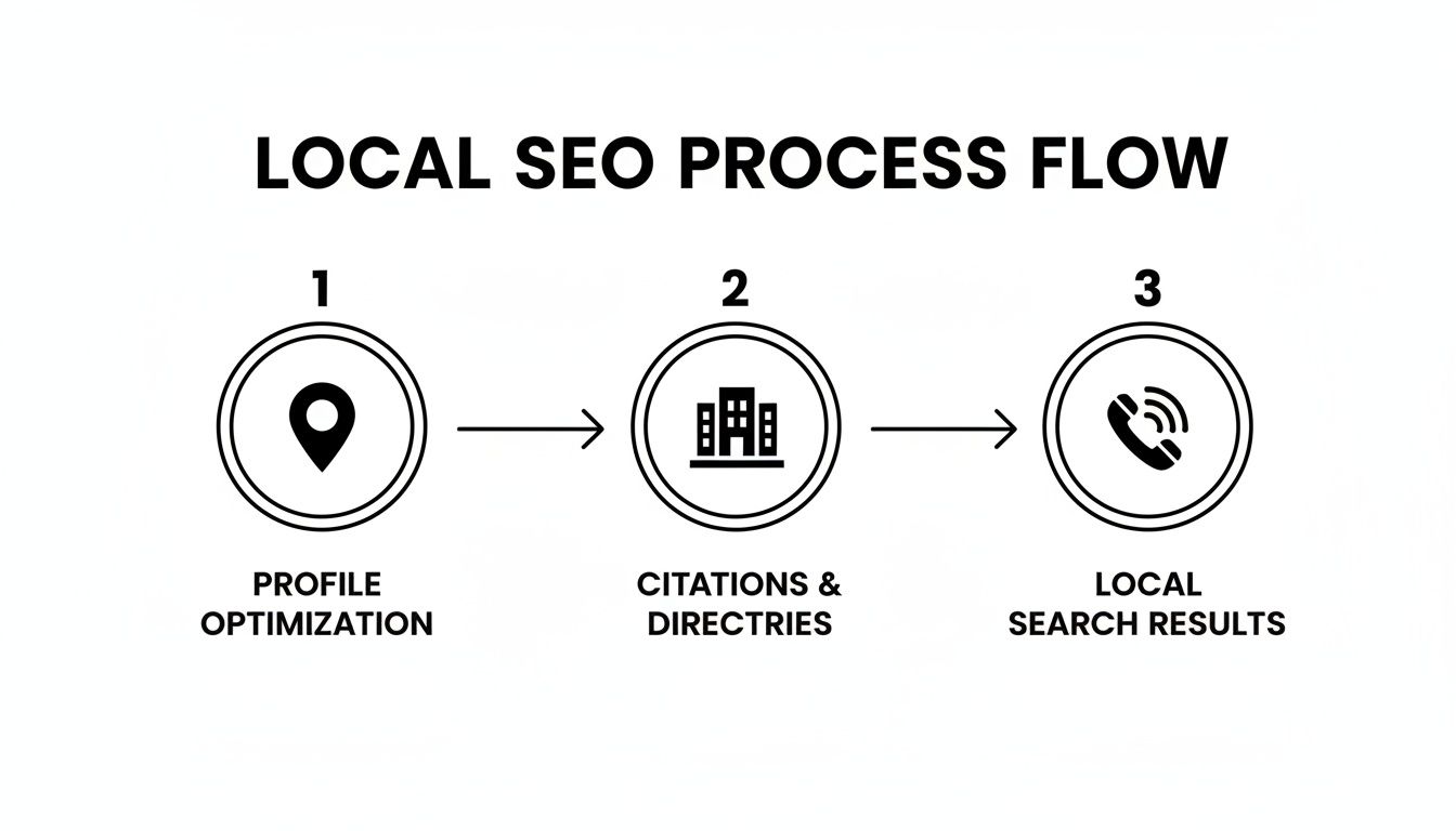 Flowchart illustrating the three-step local SEO process: profile optimization, citations, and local search results.