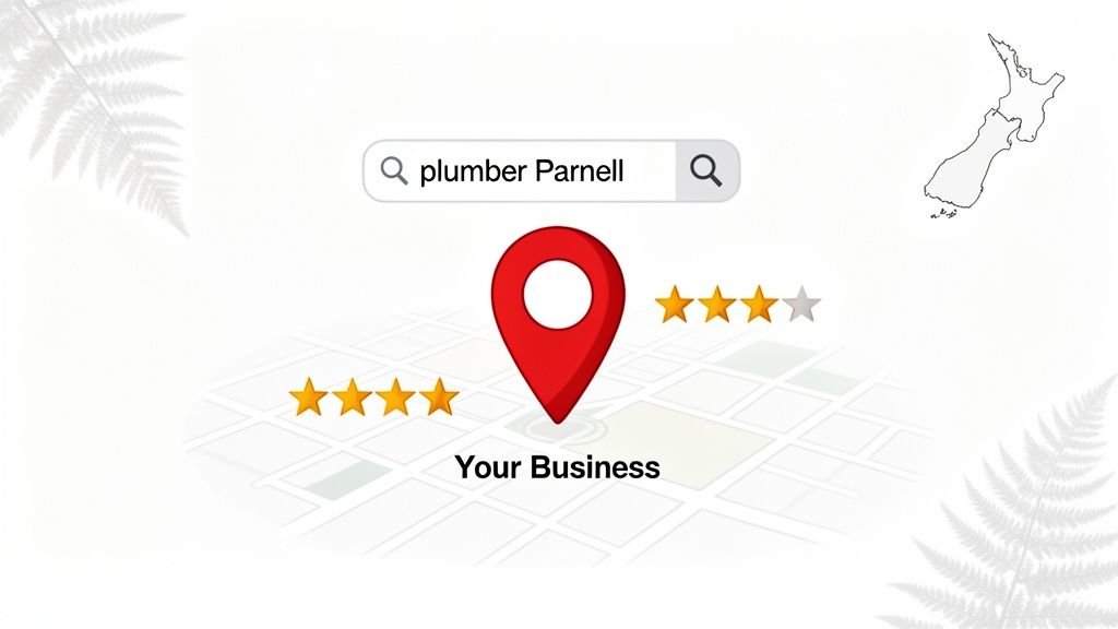 Map search for 'plumber Parnell' highlights 'Your Business' with strong ratings, demonstrating local SEO in New Zealand.
