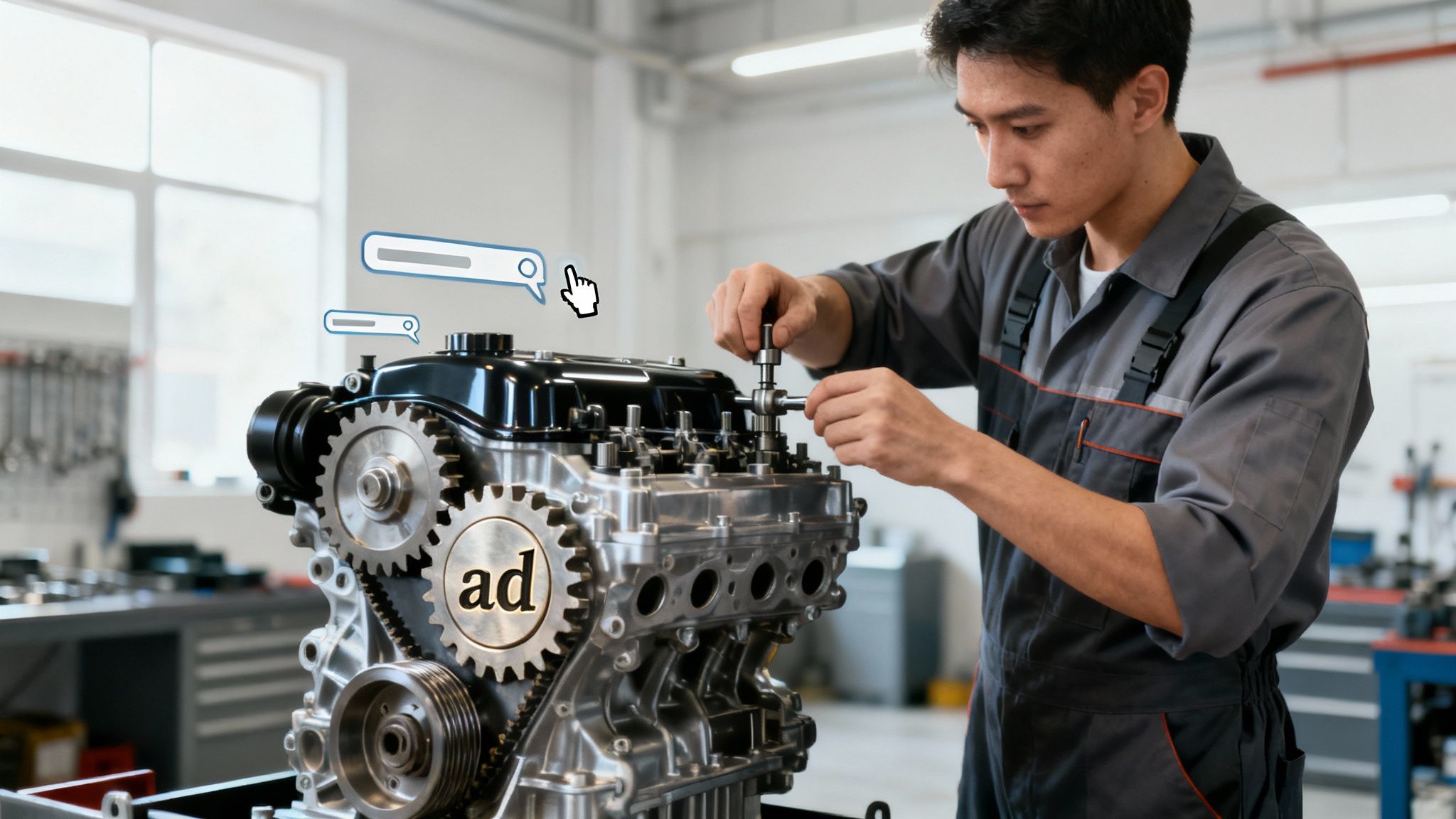 A mechanic works on a car engine with augmented reality search bars and an 'ad' label on a gear.