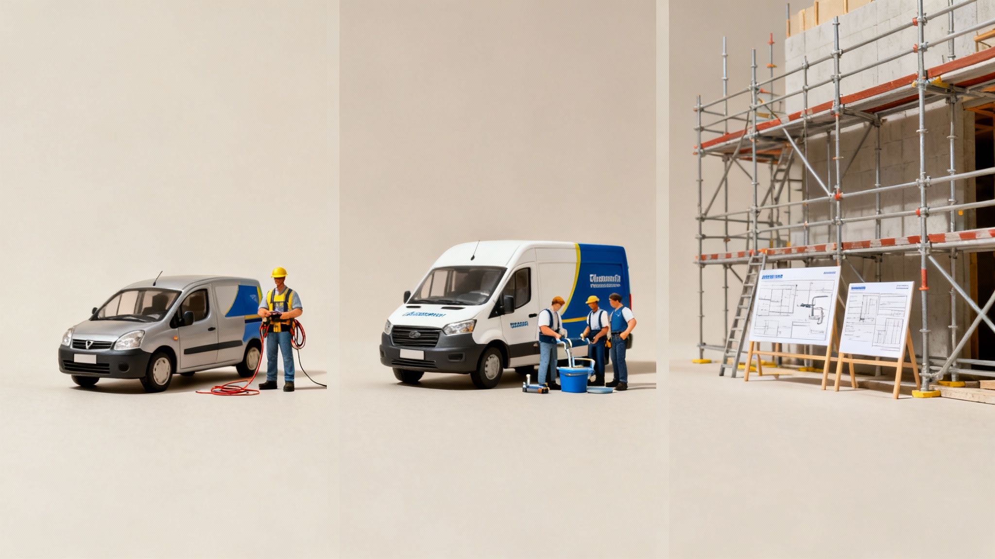 Miniature construction scenes with service vans, workers, scaffolding, and architectural plans.