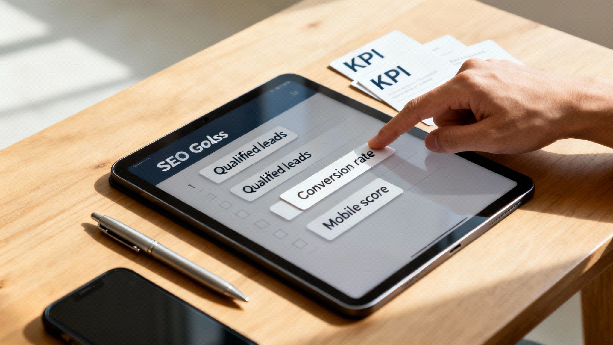 Hand selecting 'Conversion rate' on a tablet displaying SEO goals, KPIs, and digital marketing metrics.