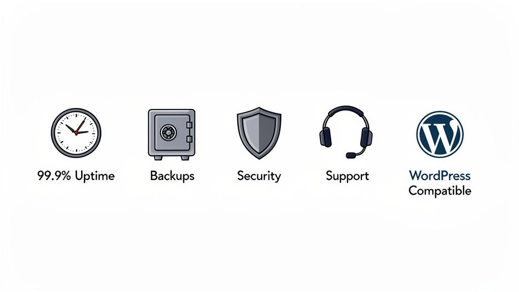 Essential web hosting features including 99.9% uptime, data backups, security, customer support, and WordPress compatibility.