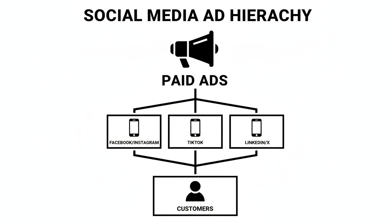 Visual hierarchy showing paid social media ads on Facebook, Instagram, TikTok, LinkedIn, and X reaching customers.