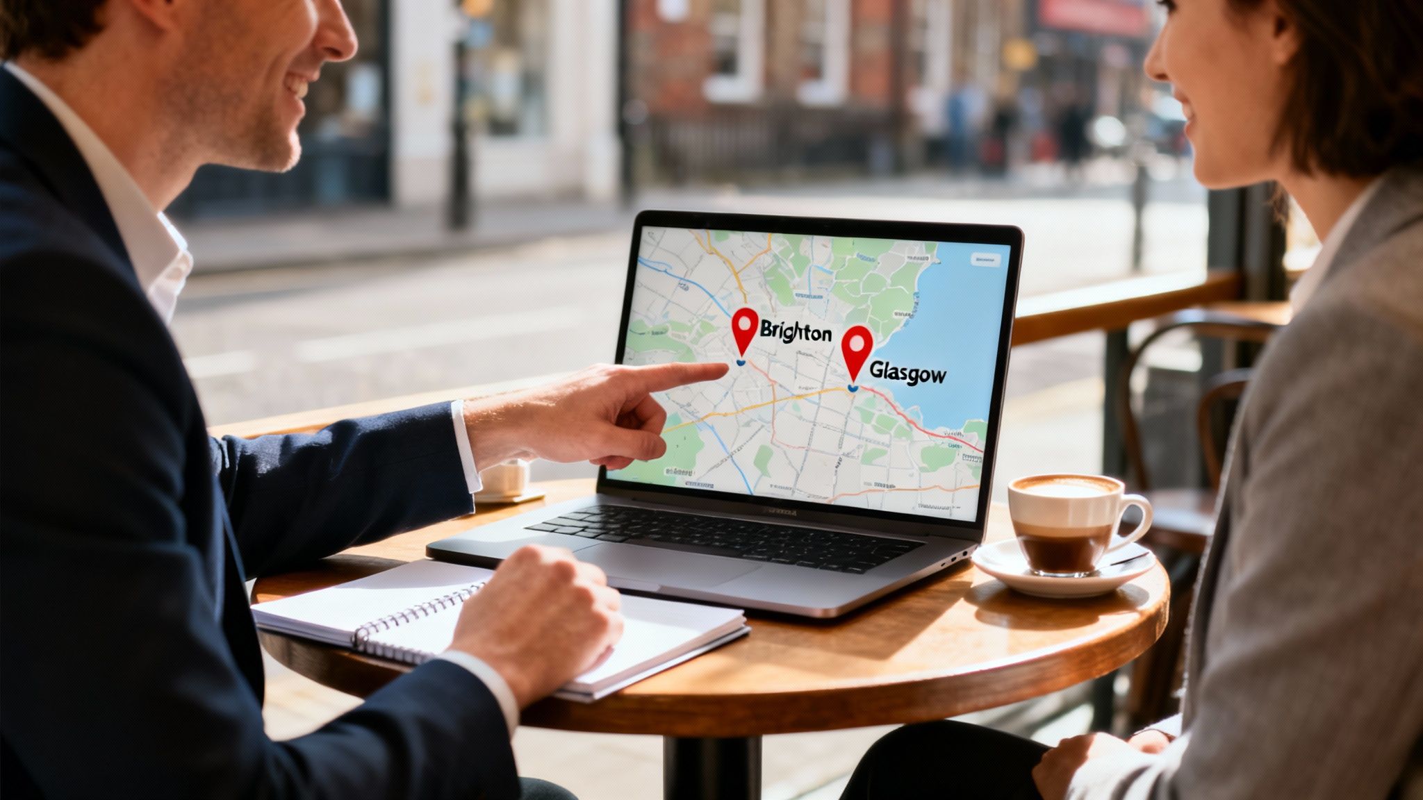A man points at a laptop displaying a map with Brighton and Glasgow, discussing with a woman.