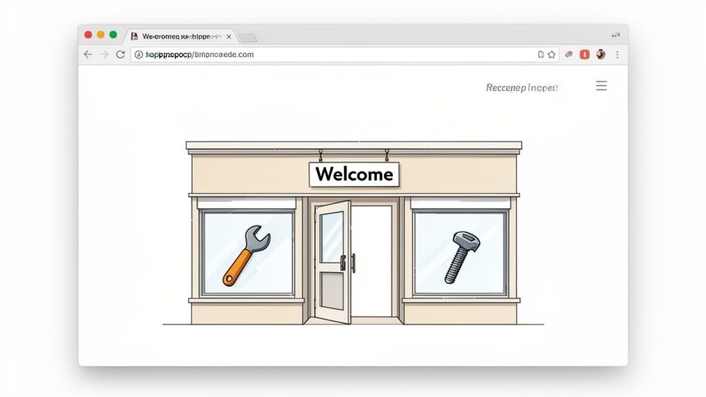 A web browser displaying a charming storefront with a 'Welcome' sign, a wrench, and a screw.